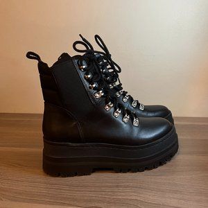 Marc Fisher 'Plune' leather platform moto boot black